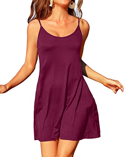 Casual Summer Tank Top Dress Pockets Swim Cover Up For Women-Maroon