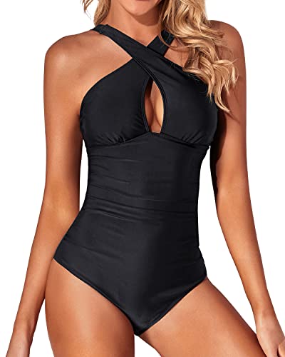 Front Cross Keyhole Tummy Control Women One Piece Swimsuits-Black