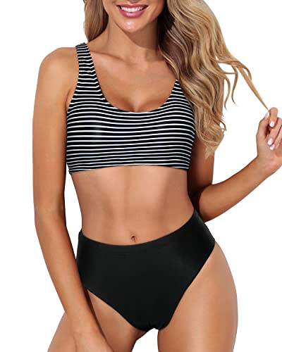 Two Piece Scoop Neck Bikini Crop Top High Cut Swimsuit-Black And White Stripe