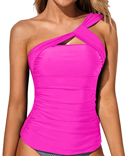 Elegant And Flattering Ruched Swim Top Tummy Control Tankini Top-Neon Pink