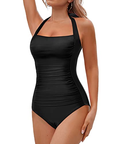 Women Halter Neck Push Up Bathing Suits Tummy Control One Piece Swimsuits-Black