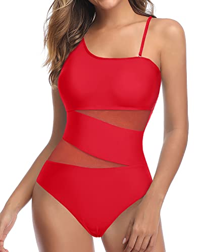 Tummy Control Mesh One Piece Swimsuit For Curvy Women-Red