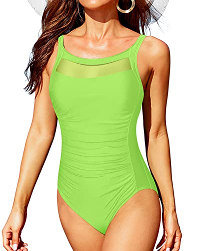 Vintage Tummy Control Bathing Suits Padded Push Up Bra Ruched Tummy Control Swimwear-Neon Green