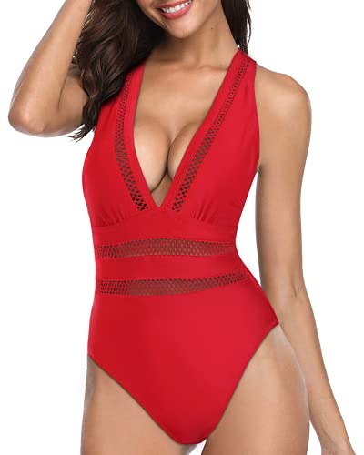 Hollow Out Plunge V Neck Criss-Cross Back Swimsuits-Red