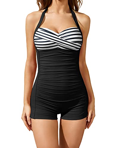 Boyleg Tummy Control Swimwear Retro One Piece Swimsuits-Black And White Stripe