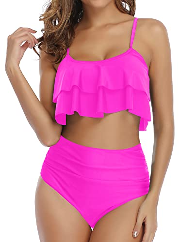 Figure Flattering Ruched High Waisted Bikini Set-Neon Pink