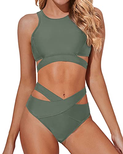 Push-Up Bra High Neck Bikini Set Bandage Two Piece Bathing Suits-Army Green