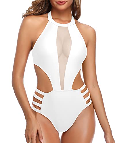 Elegant High Neck Halter Cutout One Piece Monokini Swimwear-White