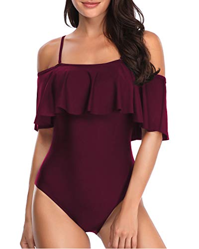 Women's One Piece Off Shoulder Ruffle Swimsuit-Maroon