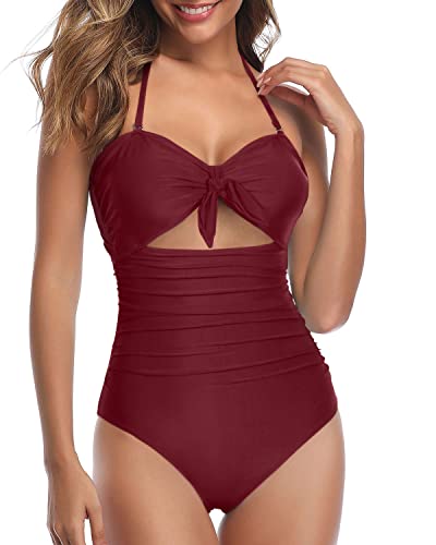 Halter Front Tie Knot Bathing Suit Tummy Control One Piece Swimsuits-Maroon
