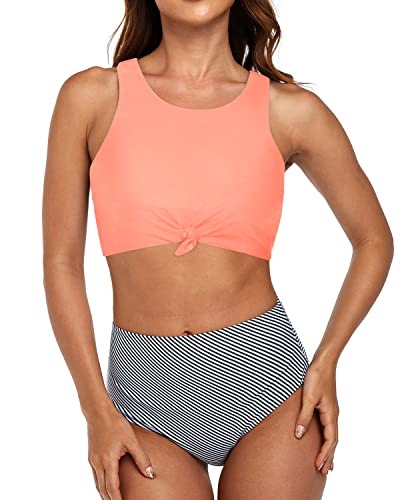 Modest Two Piece High Waisted Bathing Suits For Women-Coral Pink Stripe