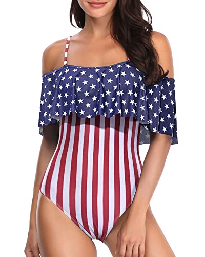 Elegant Ruffle Off Shoulder One Piece Bathing Suit-Flag