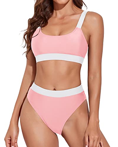 Women Removable Padded Bra Swimsuits Sporty Scoop Neck Bikini-Pink White