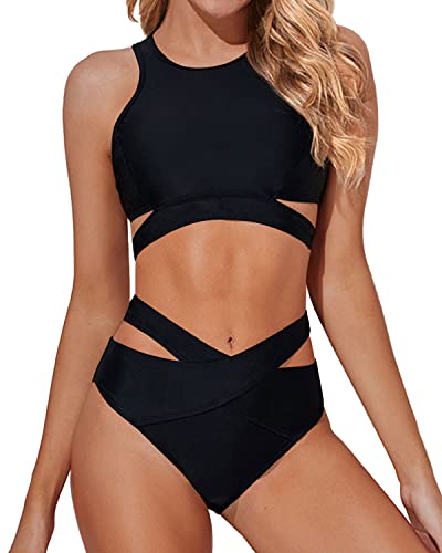Cutout Swimsuit Criss Cross Bandage Two Piece High Neck Bikini Set-Black