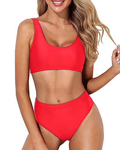 Tummy Hiding High Waisted Bikini Two Piece Scoop Neck Bikini For Women-Neon Red