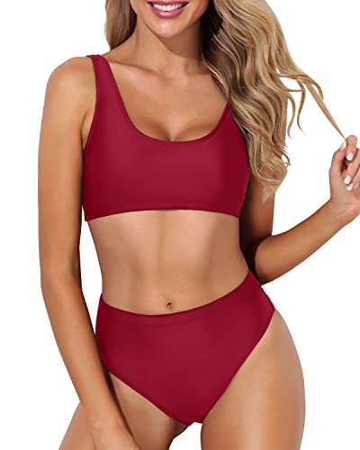 Bathing Suit Sexy Cheeky Bottom Two Piece Scoop Neck Bikini For Women-Red
