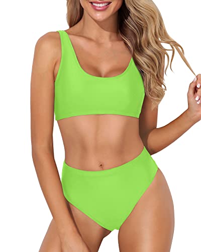 High Leg Cut Swimsuit Crop Top Two Piece Scoop Neck Bikini For Women-Neon Green