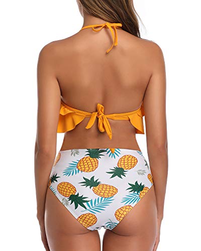 Two Piece Cute Tummy Control High Waisted Bikini-Yellow Pineapple