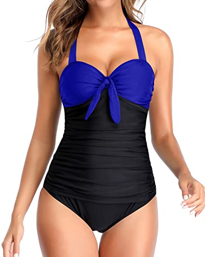 Retro & Vintage Ruching Swimming Suits Halter Bathing Suits For Women-Royal Blue And Black