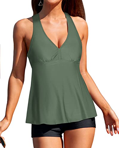 Tummy Slimming Bathing Suit Tankini Top And Shorts For Padded Push Up-Olive Green