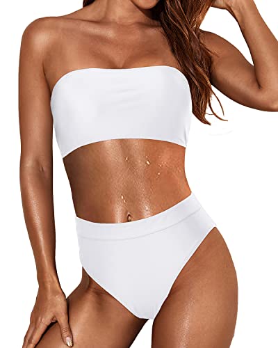 Well-Made Elastic Fabric Swimsuit Women Two Piece Bandeau Swimsuit-White