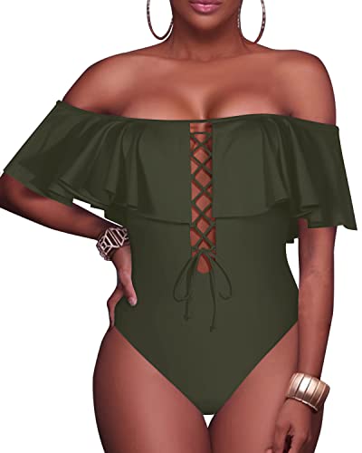 Women's Ruffled One Piece Swimsuit Off-The-Shoulder Lace-Up Sexy Bathing Suit-Army Green