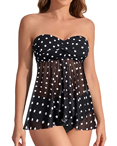 Two Piece Bandeau Strapless Tankini Swimsuits For Women-Black Dot