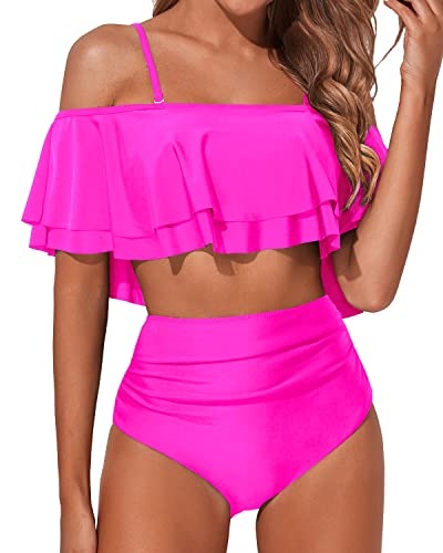 Two Piece Off Shoulder High Waisted Bikini Swimsuit-Neon Pink