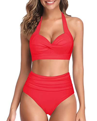 High Waisted Figure-Flattering Halter Push Up Bikini-Neon Red
