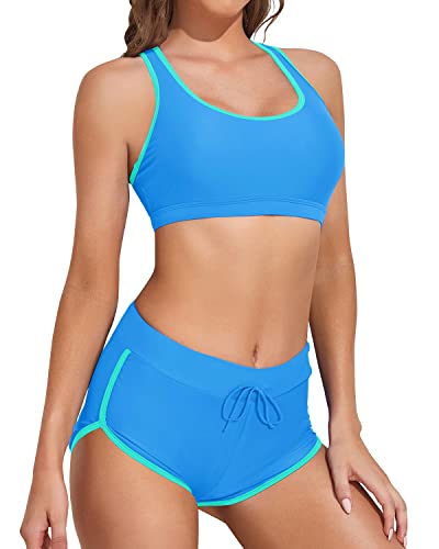 Athletic Swimsuits Boyleg Shorts For Women's Beachwear-Light Blue And Light Green