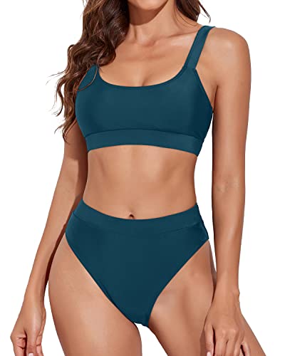 Women Two Piece Sporty Scoop Neck High Waisted Bikini Swimsuits-Teal