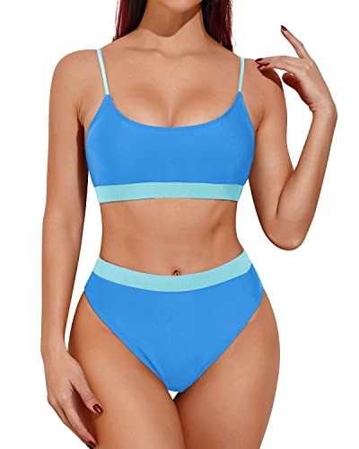 Tummy Control & Slimming High Waisted Bikini Sporty Scoop Neck Swimsuits-Light Blue And Light Green