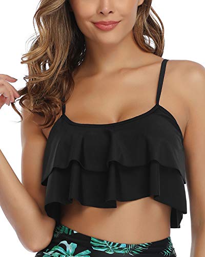 Flounce Swim Top Falbala Swimsuit Tank Top Ruffled Bikini Top-Black