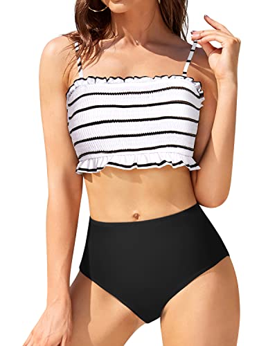 Removable Padded Bandeau Bikini Set High Waisted Bottoms-Black And White Stripe