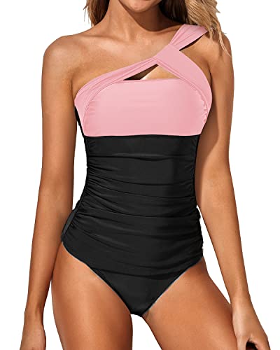 Women's Tummy Control Tankini Swimsuit One Shoulder Top & Shorts-Pink And Black