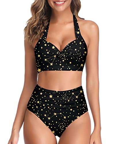 Retro Ruched High Waist Adjustable Clasp Hook Push Up Bikini-Gold Stars