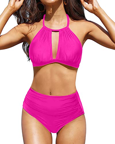 Cross-Back Halter High Waisted Bikini For Flirty Look-Neon Pink
