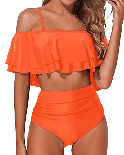 Charming Ruffle Off Shoulder Bikini Swimsuit-Neon Orange