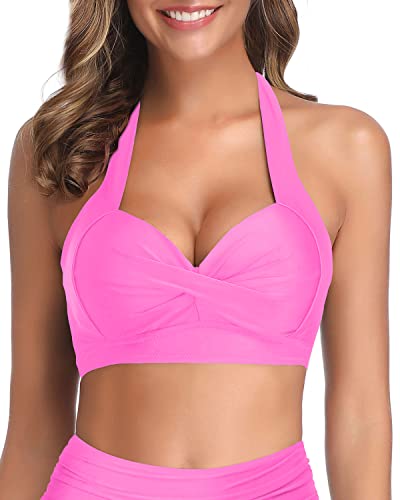 Padded Push Up Halter Bikini Top Only-Light Pink