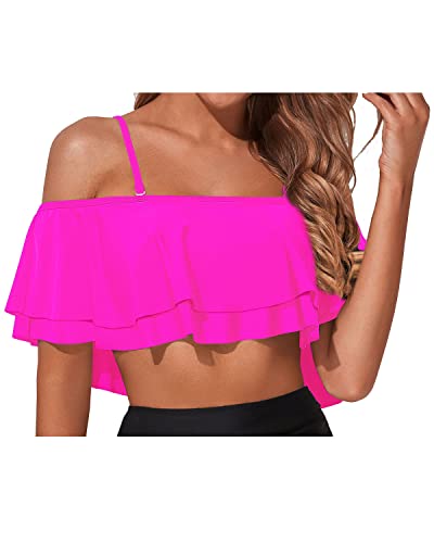 Vintage Off Shoulder Flounce Swimsuit Top For Women-Neon Pink