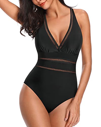 Sexy Mesh Hollow Out Plunge Halter Swimsuit For Women-Black