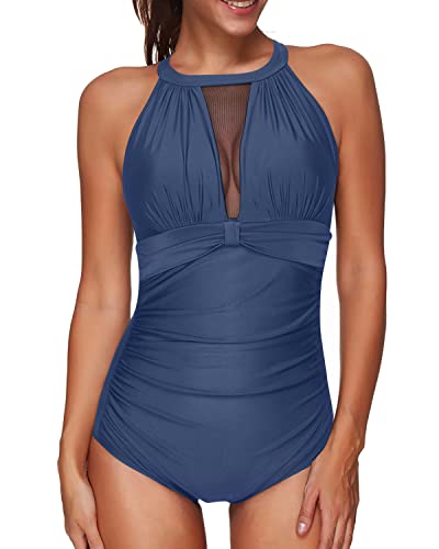 Comfortable Tummy Control High Neck Ruched Monokini For Women-Blue
