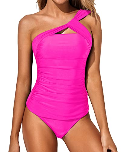 Elegant Shorts Swimsuit Ruched One Shoulder Tankini-Neon Pink