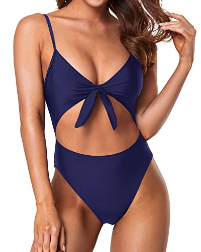 High Waisted Tummy Control V Neck 1 Piece Swimsuits-Navy Blue