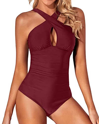 Sexy Contoured Curves One Piece Front Cross Keyhole Swimsuits-Maroon