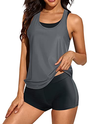 Modest 3 Piece Tankini Bathing Suit Boy Shorts For Women-Gray And Black