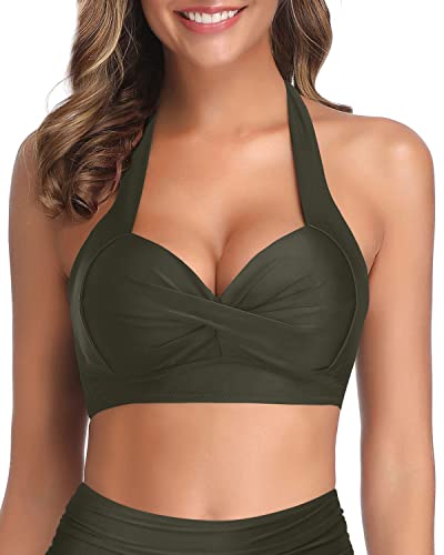 Adjustable Halter Neck Push Up Bikini Top Only-Army Green