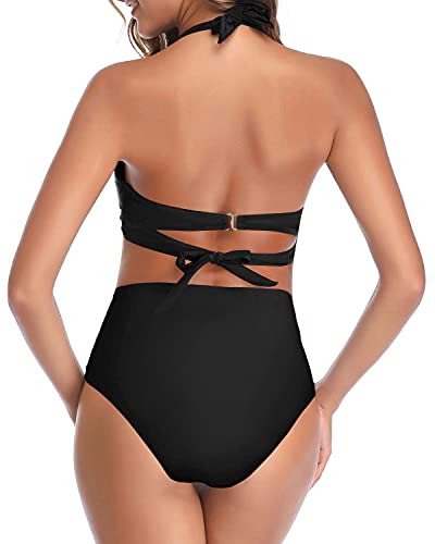 Women Two Piece Vintage Swimsuit Halter Ruched High Waist Bikini-Black