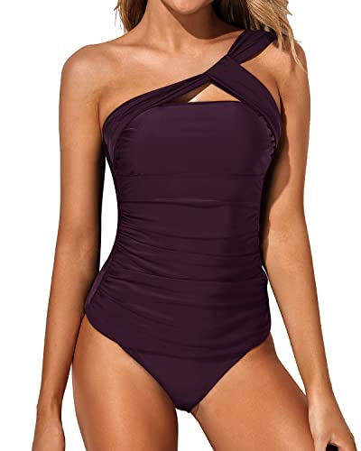 Backless & Strapless One Shoulder Tankini Swimsuit-Maroon