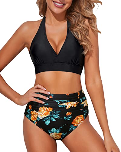 Push Up Halter Tummy Control Two Piece High Waisted Bikini Set-Black Floral